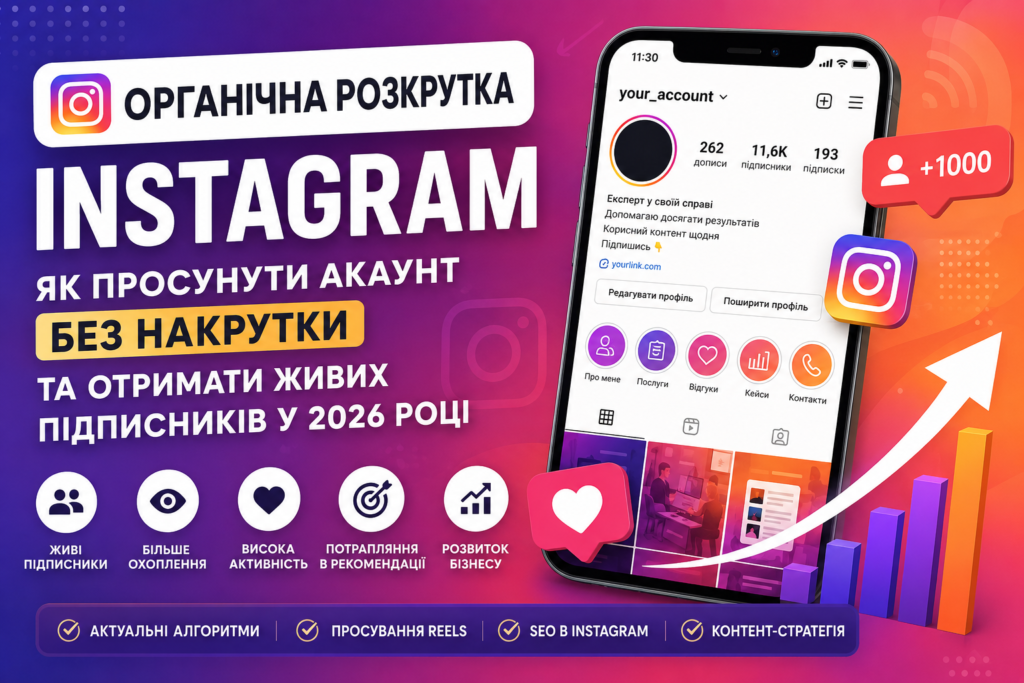 Органічна розкрутка Instagram — покрокове просування акаунта без накрутки, збільшення охоплення, живих підписників і розвитку бізнесу у 2026 році