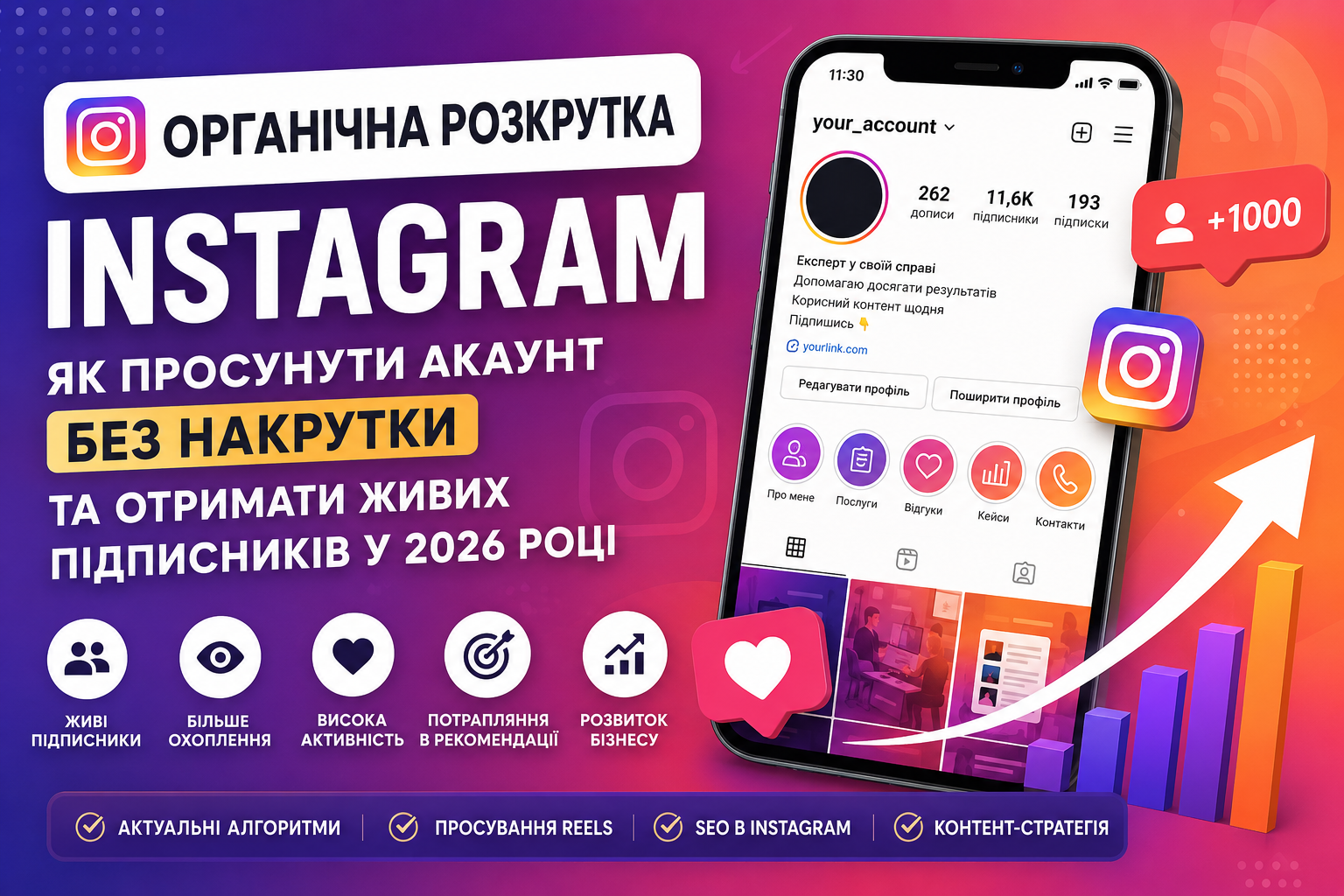Органічна розкрутка Instagram — покрокове просування акаунта без накрутки, збільшення охоплення, живих підписників і розвитку бізнесу у 2026 році