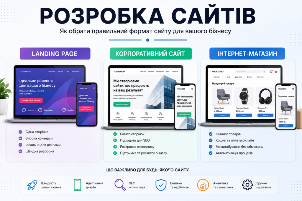 Розробка сайтів — порівняння Landing Page, корпоративного сайту та інтернет-магазину для бізнесу