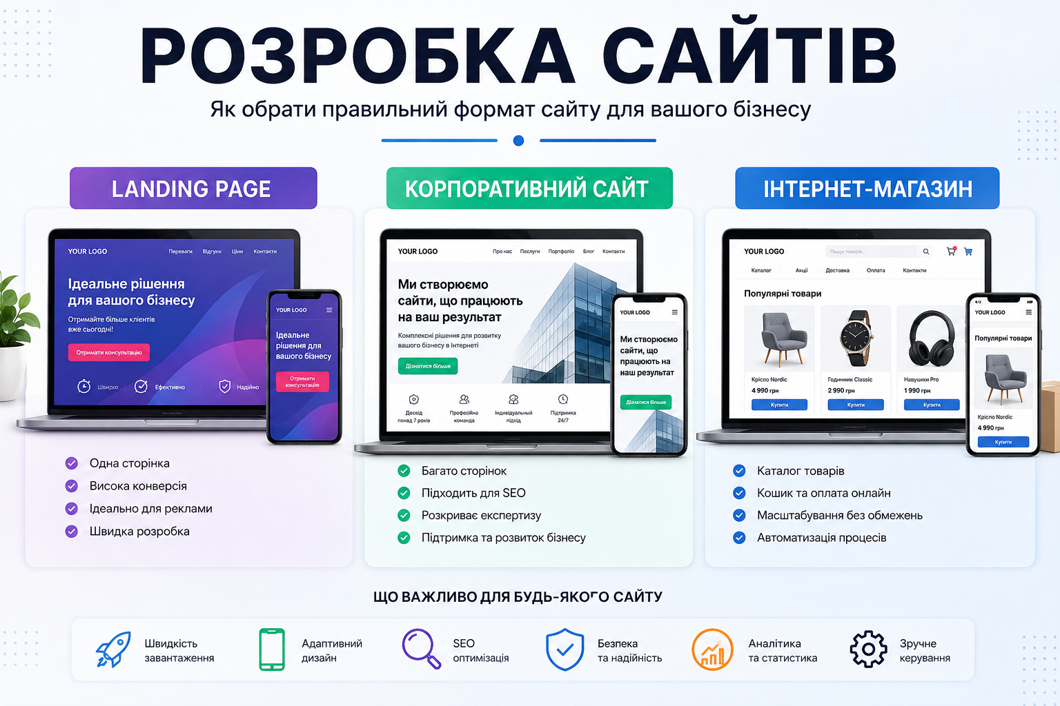 Розробка сайтів — порівняння Landing Page, корпоративного сайту та інтернет-магазину для бізнесу