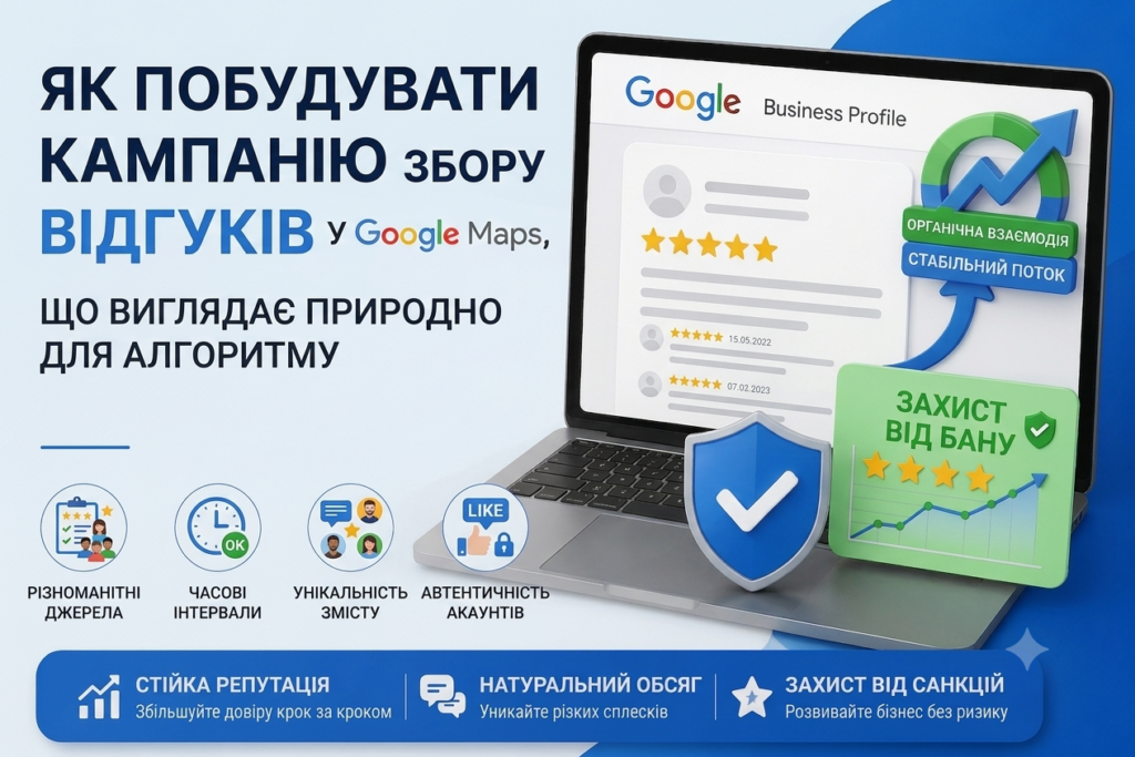 Схема кампанії Growth of reviews — хвилі запитів, канали збору та графік зростання відгуків Google Maps