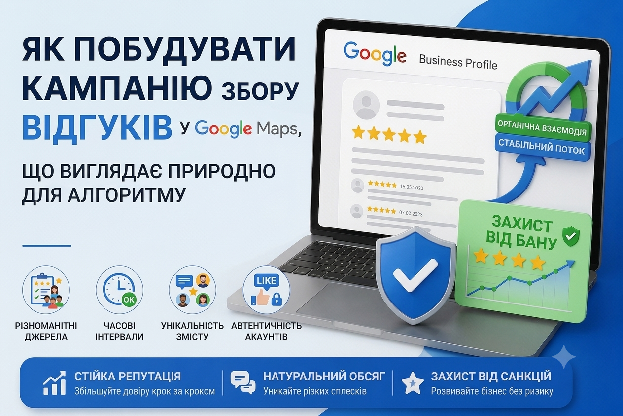 Схема кампанії Growth of reviews — хвилі запитів, канали збору та графік зростання відгуків Google Maps