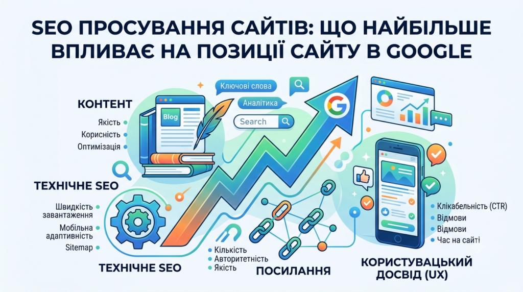 SEO просування сайтів — головні фактори ранжування Google, технічна оптимізація та контент для виходу в ТОП