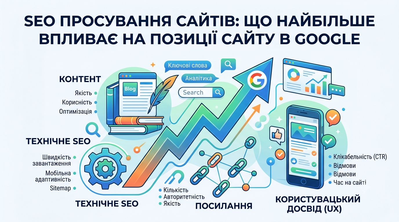 SEO просування сайтів — головні фактори ранжування Google, технічна оптимізація та контент для виходу в ТОП