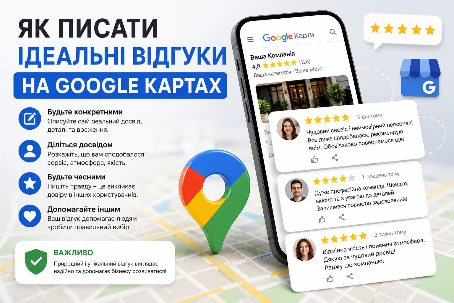 Інфографіка про те, як правильно писати відгуки на Google Картах: структура тексту, поради та рекомендації для накрутки відгуків на гугл картах